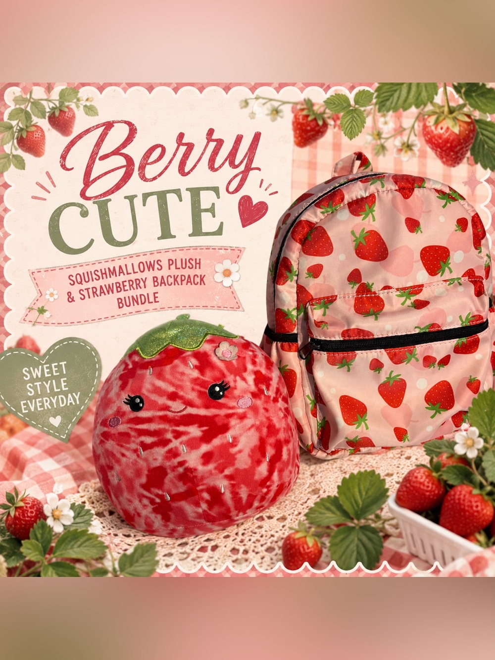 Squishmallows Strawberry Plush & Matching Strawberry Mini Backpack Bundle
